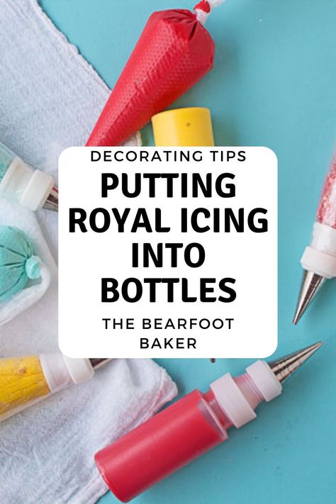 Learn how to get royal icing into bottles for better control for details when decorating sugar cookies in this tutorial on the blog today! #cookiedecoratingtutorial #cookiedecoratingtips #thebearfootbaker Royal Icing For Beginners Piping Techniques, Decorative Cookie Icing, How To Decorate With Royal Icing Video, Royal Icing Tools Decorating Supplies, Royal Icing Cookie Tutorial, Royal Icing Videos Tutorials, Royal Icing Bows Tutorial, Royal Icing Tools, Royal Icing Piping Techniques