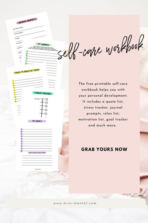 Download the free printable self-care workbook pdf and start working on your personal development and self-care. The ebook contains many helpful tools  like a meal planner, stress tracker, goal tracker, habit tracker, things I'm proud of list and many more. Self Care Tracker Free Printable, Self Care Printable Free, Self Care Planner Printable Free, Self Care Checklist Free Printable, Improvement Journal, Self Care Workbook, Printable Affirmations, Self Care Worksheets, Self Care Planner