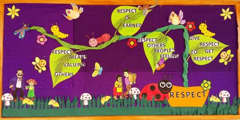 A bulletin on the values that kids should possess. Moral Values Bulletin Board, February Bulletin Boards Preschool, Respect Bulletin Boards, Character Education Bulletin Boards, Work Values, Motivational Bulletin Boards, Inspirational Bulletin Boards, Growth Mindset Classroom, School Board Decoration