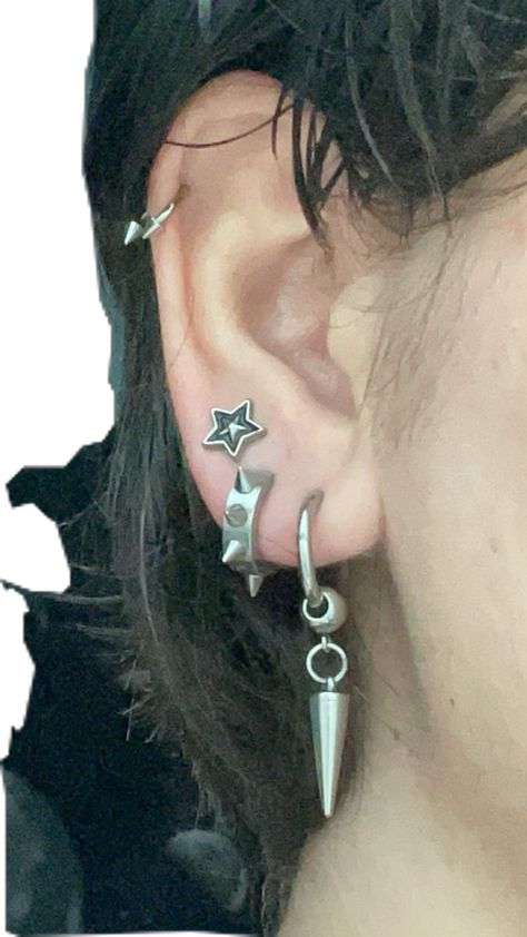 ear piercings, spikes, stars, earrings, helix, cuff Ear Piercing Tattoo, Eat Piecing Ideas, Diy Helix Earring, Masculine Ear Piercings, Star Ear Piercings, Alt Ear Piercings, Piercings On Ear, Popular Ear Piercings, Piercings Ear Ideas