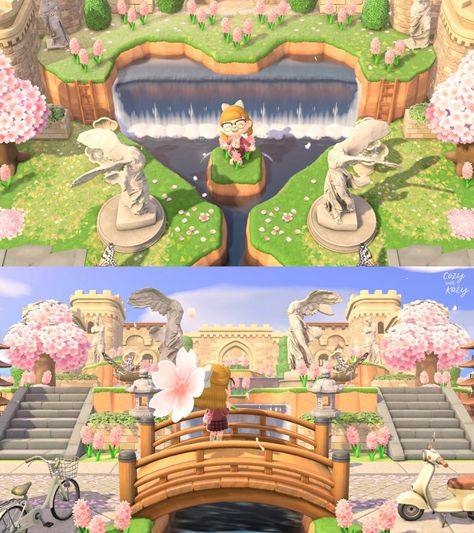 Acnh Waterfall Design, Water Acnh Design, Cute Pond Ideas Animal Crossing, Waterfall Ideas Animal Crossing, Waterfall Ideas Acnh, Animal Crossing Water Island, Pond Ideas Animal Crossing, Acnh Fairycore Villagers, Acnh Water Park