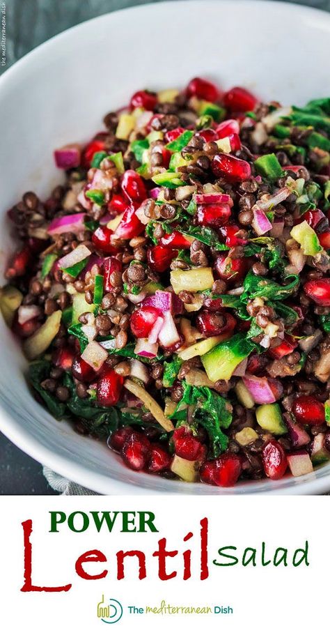 Power Brown Lentil Salad Recipe with Pomegranates and Swiss chard. Easy superfood Mediterranean salad covered in a zesty ginger-mint dressing. Delicious! Salad With Spinach, Lentil Salad Recipes, The Mediterranean Dish, Pomegranate Salad, Brown Lentils, Mediterranean Salad, Lentil Salad, Lentil Recipes, Mediterranean Dishes