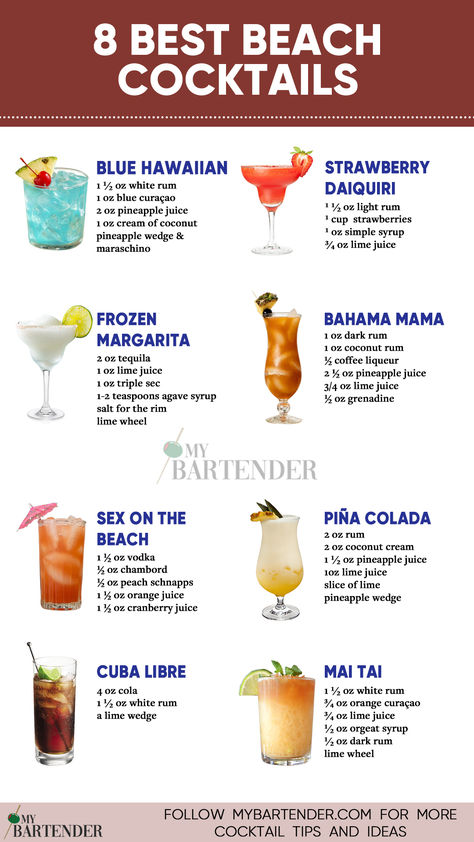 Best Beach Cocktails Bartender Drinks Recipes, Bartender Drinks, Cocktail Drinks Alcoholic, Beach Cocktails, Beach Drinks, Mixed Drinks Alcohol, Yummy Alcoholic Drinks, Mixed Drinks Recipes, Cocktail Drinks Recipes