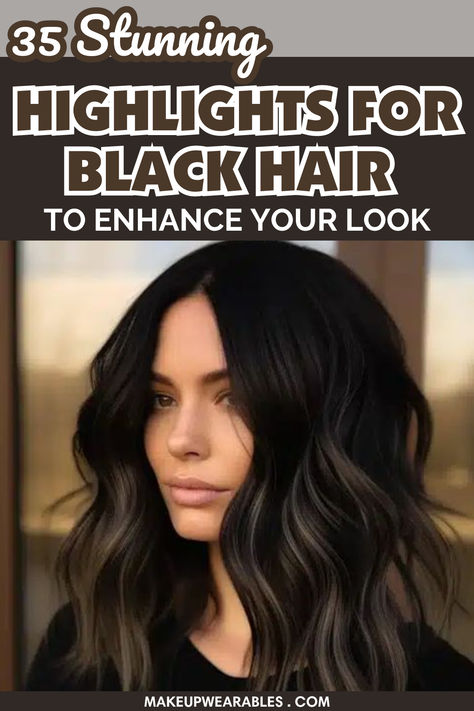 Highlights For Black Hair Very Dark Balayage, Hair Coloring For Black Hair, Black Color Melt Hair, Dark Light Highlights, Black Color Hair With Highlights, Dark Chocolate Hair With Lowlights, Black Hair Balayage Shoulder Length, Black Tinted Hair, Soft Black Hair With Highlights