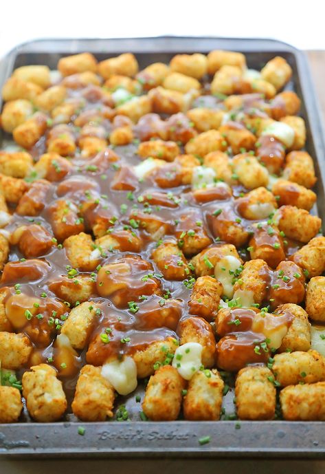 Tater Tot Poutine, Cheesy Tater Tots, Canadian Dishes, Recipes For The Whole Family, Beef Gravy, Fried Dough, Poutine, Fresh Chives, Fries In The Oven