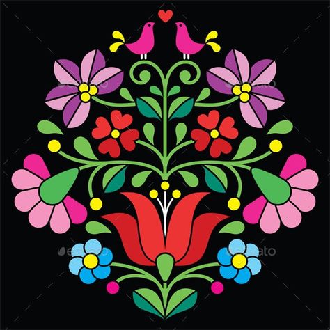 Kalocsai Embroidery - Hungarian Floral Folk Pattern - Patterns Decorative Mexican Pattern, Hungarian Folk Art, Folk Pattern, Hungarian Embroidery, Chain Stitch Embroidery, Redwork Embroidery, Pola Sulam, Learn Embroidery, Brazilian Embroidery