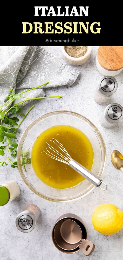 This super easy recipe for Italian Dressing is packed with herbs and flavor! It tastes great on roasted vegetables, salads, pasta, and more. | Recipe at BeamingBaker.com Italian Dressing Recipe, Italian Dressing Recipes, Homemade Italian Dressing, Salads Pasta, Sausage Dishes, Chickpea Salad Recipes, Fresh Salad Recipes, Butter Pasta, Italian Salad Dressing