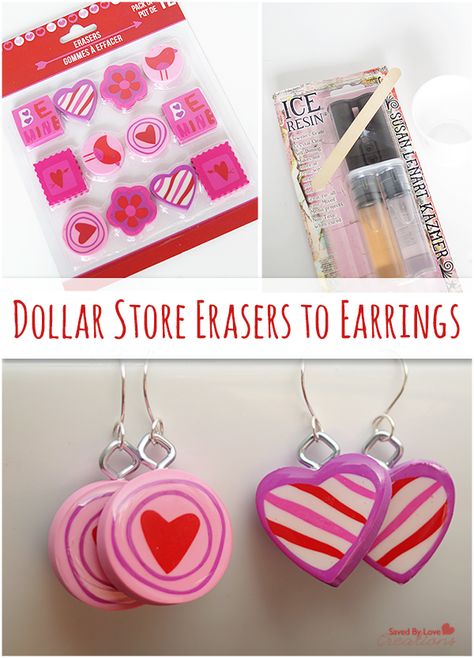 Eraser Valentine, Valentines Day Diy, Diy Crafts For Teen Girls, Diy Crafts For Teens, Valentines Earrings, Kid Crafts, Diy Crafts Jewelry, Dollar Store Crafts, Valentine's Day Diy