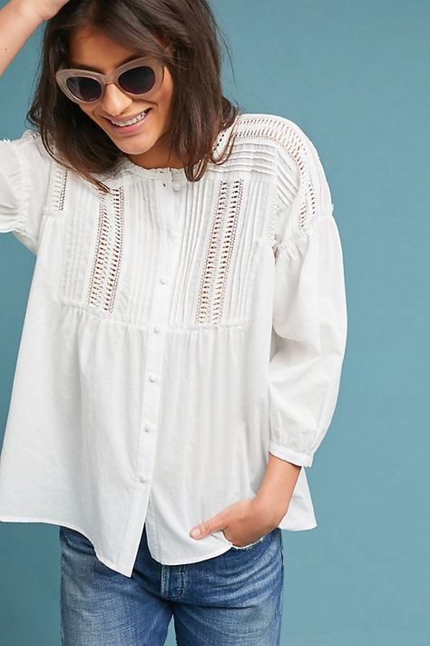 Outfit Inspiration Women, Lace Tunic Tops, Fashion Tops Blouse, Lace Tunic, White Button Down, Anthropologie Top, Fashion Line, Petite Outfits, Button Design