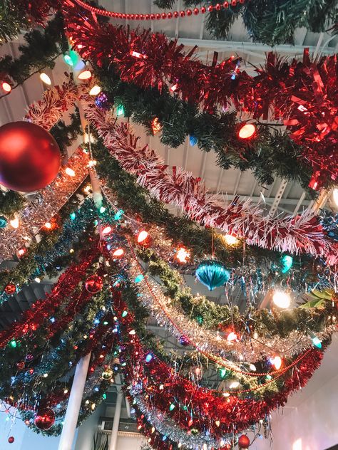 christmas decorations, festive, holidays, tinsel Christmas Decor Ideas Tinsel, Tinsel Hanging From Ceiling, Tinsel Wall Decor, Christmas Tinsel Decoration, Tinsel Garland Decor, Diy Tinsel Garland, Tinsel Town Christmas Decor, Tinsel Christmas Decorations, Christmas Tinsel Ideas