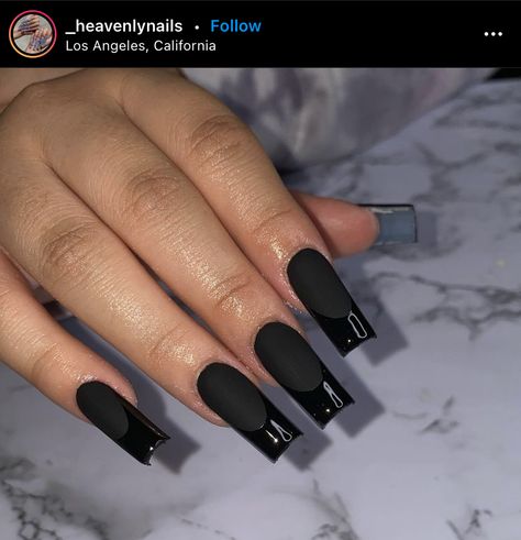 Matt Black Nails With Gloss Tip, Black On Black Nails French, Full Black Nails Acrylic, Simple Long Square Acrylic Nails, Long Black Acrylic Nail Ideas, Long Acrylic Nails Dark, Black Nails Acrylic Squares, Black And Grey French Tip Nails, Black Long Acrylic Nails Square