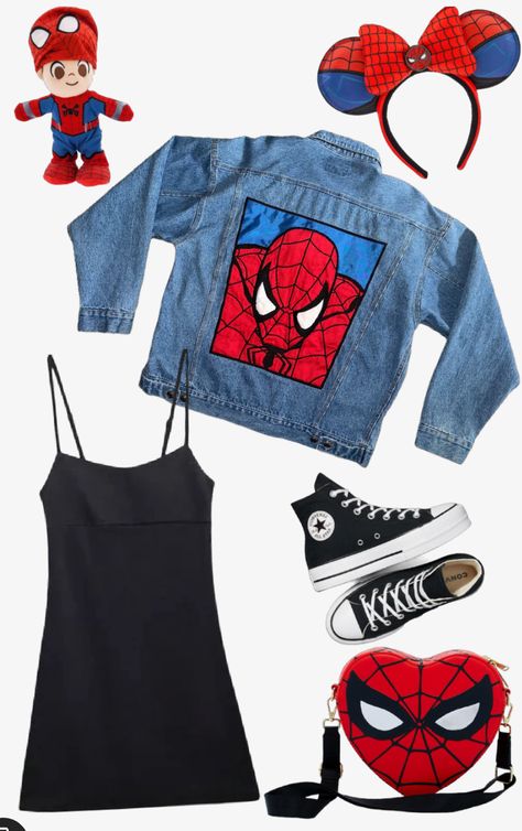 Disney outfit inspo, Spiderman, avengers campus, Spiderman outfit Avengers Disney Outfit, Spiderman Disney Outfit, Universal Studio Outfits, Spiderman Outfit Ideas, Park Fits, Disney Family Outfits, Disney Outfit Inspo, Villain Fashion, Disney Park Outfit