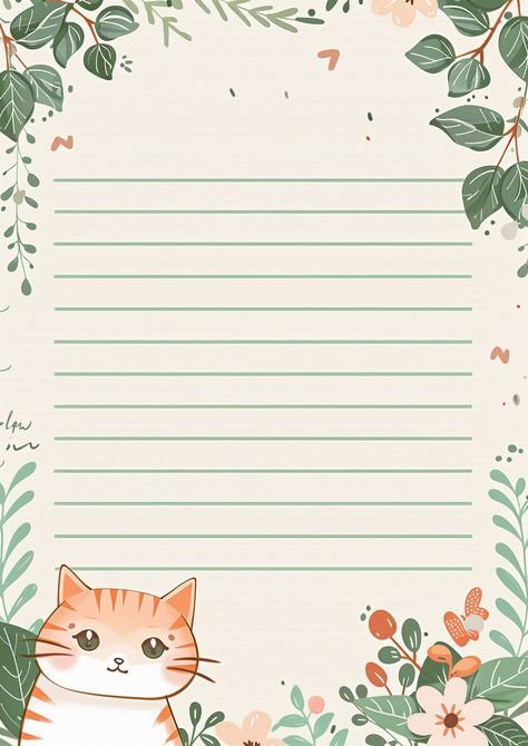 Cartoon Cat Letterhead with Flowers and Vines Border Lines Design, Inspirational Digital Art, Printable Lined Paper, Tablet Samsung, Writing Paper Printable Stationery, Front Page Design, Free Printable Stationery, Cute Cartoon Cat, Notepaper