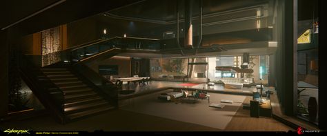 ArtStation - Cyberpunk 2077 - V's Penthouse, Javier Pintor Cyberpunk Apartment Concept Art, Cyberpunk House Interior, Cyberpunk Interior Design, Sims 4 Penthouse, Futuristic Mansion, Cyberpunk House, Cyberpunk Apartment, Cyberpunk Interior, Japan Town