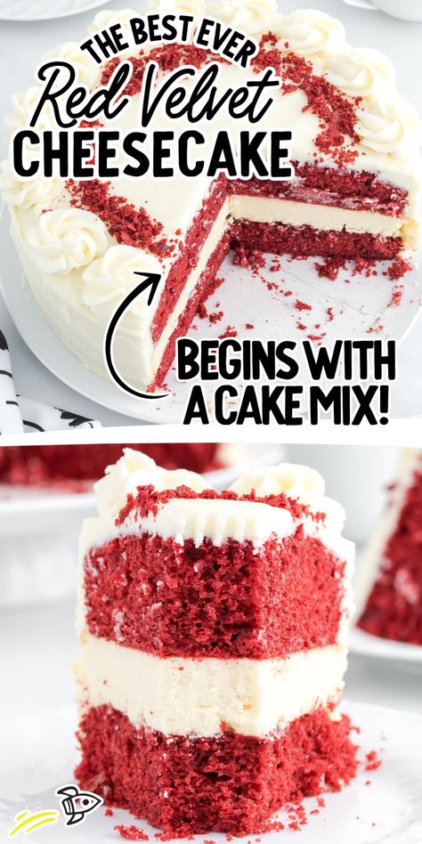 Red Velvet Cake With Cheesecake Layer, Red Velvet Cream Cheese Cake, Box Red Velvet Cake Mix Recipes, Red Velvet Cake Filling Ideas, Red Velvet Birthday Cake Ideas, Easy Red Velvet Cheesecake, Red Velvet Cake Cheesecake, Cheesecake Cream Cheese, Red Velvet Cake Recipe Easy