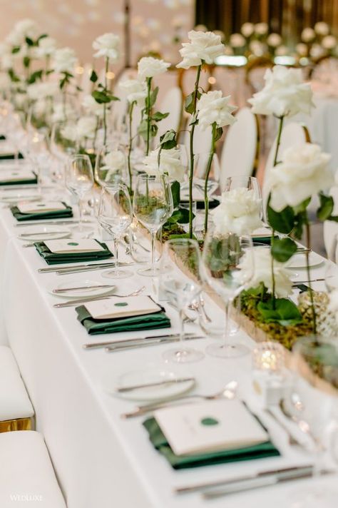 White, Green, and Gold All Over ~ WedLuxe Magazine Emerald Green Wedding Decorations Simple, Rectangle Tablescape Wedding, Wedding Colors 2025, Emerald Wedding Decor, White And Gold Wedding Themes, Bridesmaid Dresses White, Emerald Green Wedding Theme, Green Wedding Rings, Bridal Era