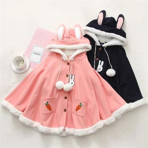 Cute Bunny Hoodie, Pink Bunny Clothes, Cute Bunny Clothes, Bunnycore Outfits, Bunny Outfit Drawing, Cute Bunny Outfits, Kawaii Things To Buy, Cute Cloak, Cheap Kawaii Clothes