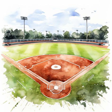 Watercolor Baseball Art, Baseball Field Drawing, Sports Painting Ideas, Baseball Mural, Baseball Drawing, Sports Watercolor, Baseball Images, Baseball Themed Bedroom, Baseball Drawings