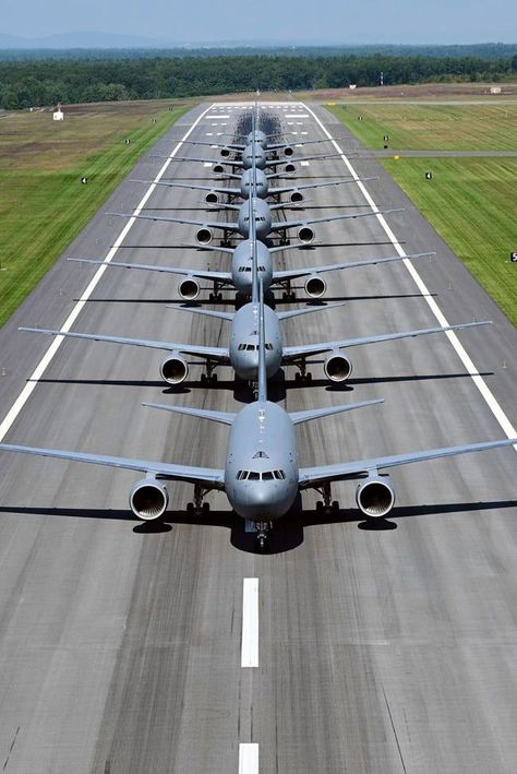 Air Force KC-46 aircraft participate in an elephant walk at Pease Air National Guard Base, N.H., Sept. 8, 2021. U.S. Air Force photo by Staff Sgt. Victoria Nelson Aviation Education, Air National Guard, Elephant Walk, Airplane Fighter, Arms Race, Staff Sergeant, Air Force Base, U S Air Force, Aircraft Design