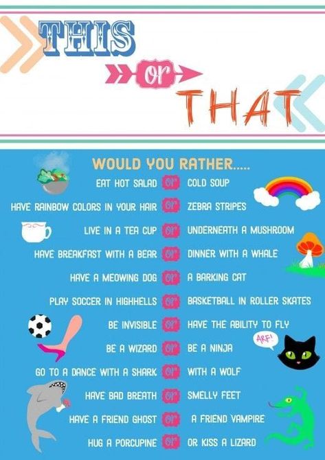 Would You Rather Questions For Kids - Enchanted Little World Teen Movie Night, Sleep Over Ideas, Fun Sleepover Games, Sleepover Party Games, Teen Sleepover, Slumber Party Games, Girl Sleepover, Sleepover Games, Family Party Games