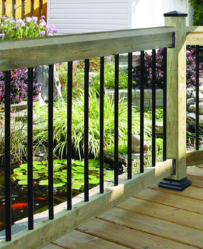 Secure your deck area and make a lasting impression with easy to install round or square balusters, while at the same time adding see-through visibility to your yard. Galvanized Railing, Aluminum Balusters, Backyard Upgrades, Deck Balusters, Vinyl Deck, Post Caps, Joist Hangers, Deck Installation, Steel Deck