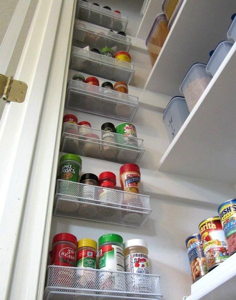 Spice Storage Solutions, Tiny Pantry, Small Pantry Organization, Pantry Wall, Small Pantry, Kitchen Organization Diy, Spice Racks, Dollar Store Organizing, Diy Kitchen Storage