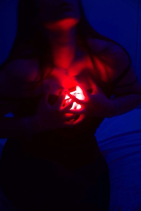 Glowing Heart Photography, Red And Blue Portrait Photography, Emotion Through Photography, Dark Red Blue Aesthetic, Emotion Photoshoot Portrait Photography, Heart Photoshoot Ideas, Wrath Photoshoot, Vulnerable Photoshoot, Emotional Self Portrait