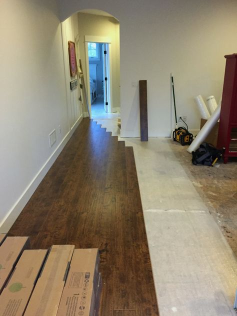 Laminate Wood Floor - no more carpet! Scraped Hardwood Floors, Cozy Ski Lodge, Diy Floors, Hand Scraped Hardwood Floors, Lilypad Cottage, Solid Oak Floors, Cleaning Wood Floors, Modern Flooring, Refinishing Floors