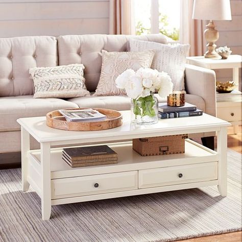 Anywhere Antique White Coffee Table with Knobs | Pier 1 Imports Antique White Coffee Table, White Coffee Table, Round Glass Coffee Table, Coffee Table With Drawers, Table Decor Living Room, Rustic Coffee Tables, White Living, Coffee Table White, White Living Room