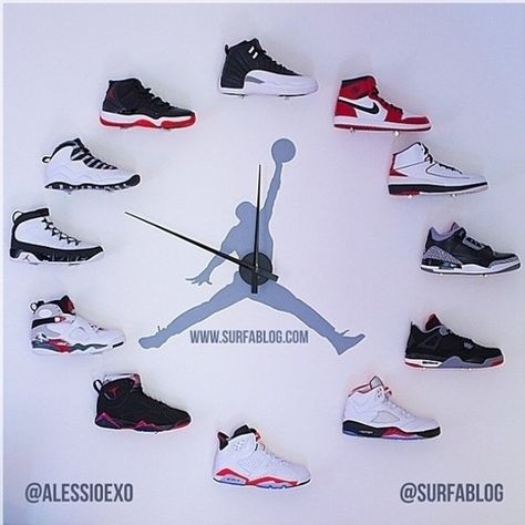 its time to show my jordans Jordan Clock, Nice Jordans, Sneaker Wall, Sneaker Room, Sneaker Closet, Sneakerhead Room, Jordan Shoes For Men, Shoe Store Design, Basketball Decorations