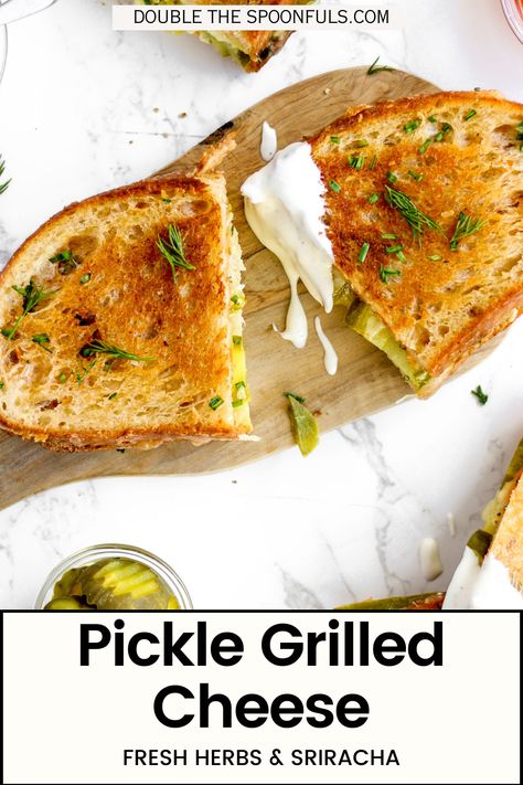 This pickle grilled cheese sandwich recipe is extremely satisfying, but also ready in just 20 minutes which makes it the ideal easy meal. The addition of the sriracha herby butter makes this grilled cheese. It adds a little creaminess, some heat, and some fresh herbs that go perfectly with the pickles. Pickle Grilled Cheese Sandwich, Pickle Grilled Cheese, Spicy Grilled Cheese, Deli Style Sandwiches, Grilled Cheese Sandwich Recipe, Cheese Sandwich Recipe, Grill Cheese Sandwich Recipes, Classic Grilled Cheese, Best Grilled Cheese