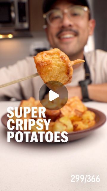 Michael Tchao on Instagram: "SUPER CRISPY POTATOES

This potato cooking technique is so key, and I love using this types of potatoes for hashes, fancy brunch or breakfasts, any time you want a super crispy potato. I learned this lesson from @kenjilopezalt from his video on @seriouseats on YouTube. 

For the full ratio, check out the recipe on the YouTube video. Let me know if you want it and I can DM the link to the video

ingredients:
water
salt
baking soda
potatoes

Notes:
-I used Yukon gold potatoes, russets also work nicely 
-boiling potatoes will release some of the moisture from the potato which is what we want, before we bake em
-I added microplaned Parmesan cheese, this is optional, but it’s more flavour and more surface area that can potentially crisp up

Baked in the oven at 425° Crispy Yukon Gold Potatoes, Crispy Baked Potatoes In The Oven, Baked Russet Potatoes, Boiling Potatoes, Potatoes Crispy, Fancy Brunch, Crispy Baked Potatoes, Types Of Potatoes, Gold Potatoes