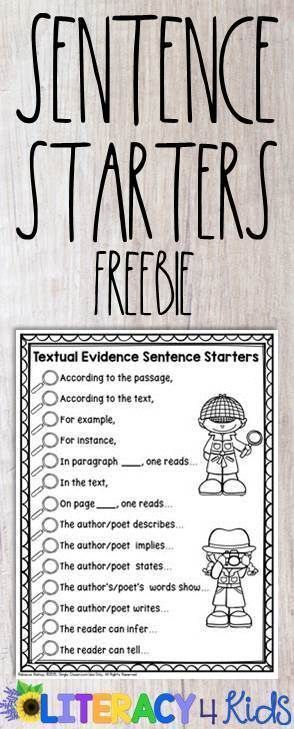 Enjoy this free printable: Textual Evidence Sentence Starters! Text Evidence Sentence Starters, Conclusion Sentence, Writing Layout, Homework Hacks, Third Grade Lessons, Read 180, Mentor Sentences, Textual Evidence, Teacher Wear