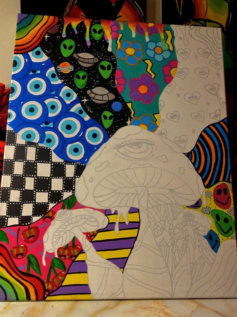 Drawing Ideas Big Canvas, What To Draw With Paint Markers, Smokers Painting Ideas, Simple Psychadelic Art, Painting Inspo Trippy, Things To Draw Trippy, Funky Art Painting Inspiration, Pattern Painting Ideas, Trippy Art Ideas Easy