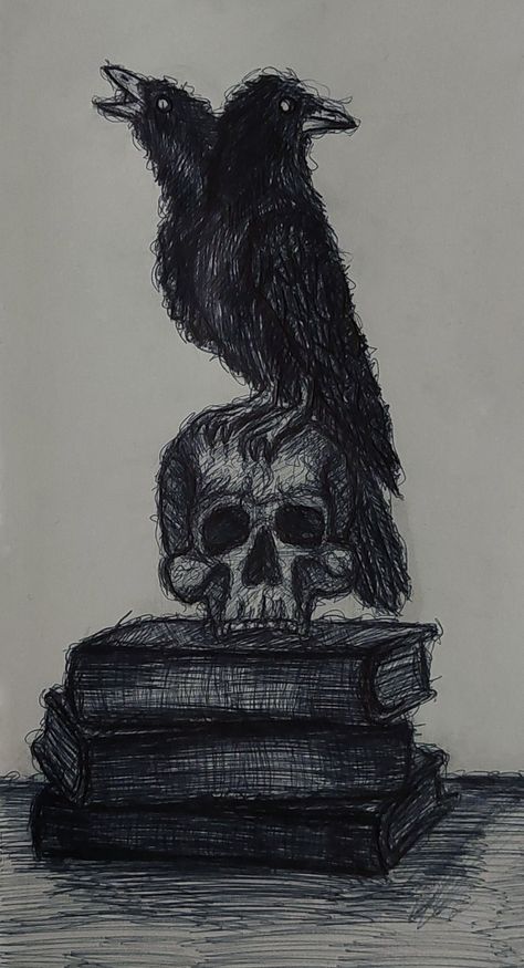 The Raven Drawing, Crow On Skull Drawing, Gothic Ink Art, Something With Two Heads, Raven Drawings, Crow Sketch, Black Pen Sketch, Raven Drawing, Black Pen Sketches