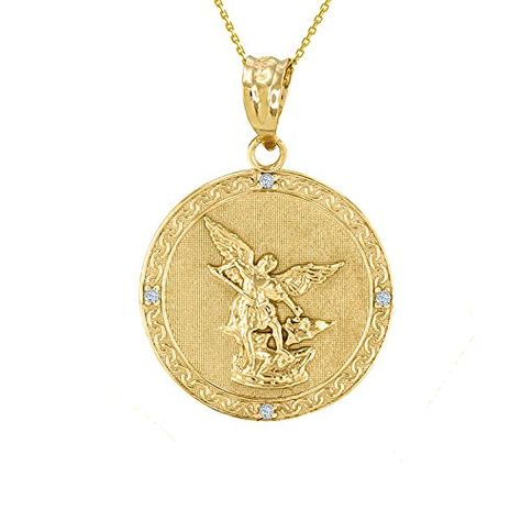 Saint Collection 14k Gold Saint Michael The Archangel Diamond Medal Necklace (1") Evil Necklace, St Michael Archangel, قلادات متدلية, Michael Archangel, Angel Pendant Necklace, Shine Jewelry, Michael The Archangel, Silver Diamond Necklace, San Michele