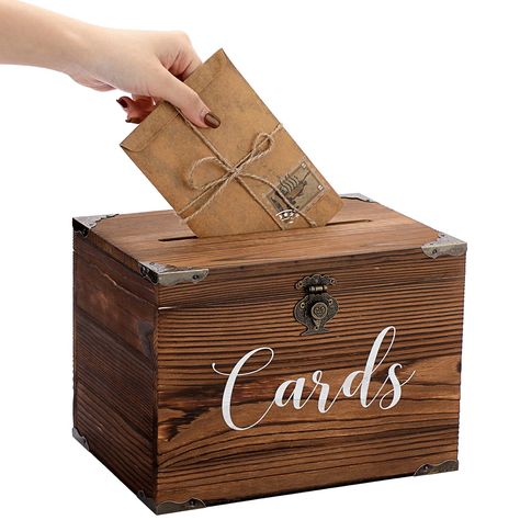 PRICES MAY VARY. Wooden Wedding Card Box measures 18cm x 25cm x 18xm / 7" x 9-7/8" x 7", could put in money, envelopes, postcard, photos and mini gifts. Vintage solid wood wedding party guest card holder box with cursive "Cards" lettering, this card holder box is an excellent storage accessory for any wedding, graduation, or special event setting. The hinged lid with an opening and closing latch allows you to easily access the box's contents. This vintage wedding card container box for reception Party Card Box, Wooden Card Box Wedding, Wedding Envelope Box, Wooden Card Box, Vintage Wedding Cards, Box With Lock, Card Box Holder, Honeymoon Fund, Wedding Card Box