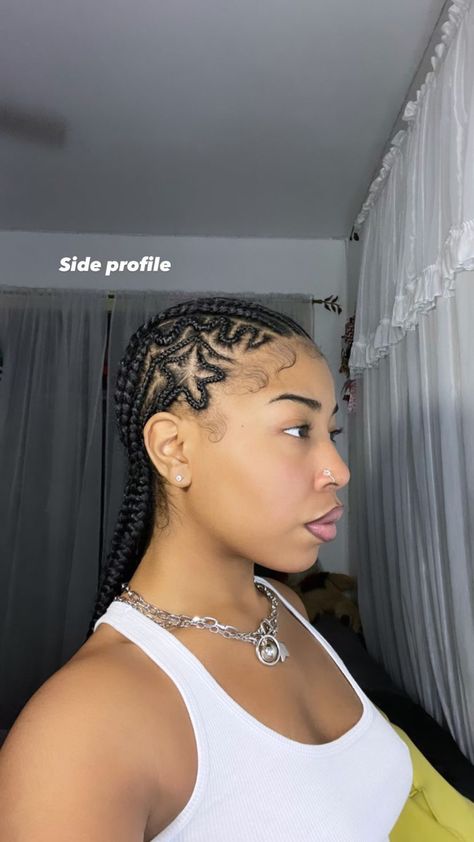 Braids, designs, straight back braids, star braids, black girl, inspo, side profile, silver jewelry Star Cornrows, Cornrows With Designs, Star Braids, Black Hair Protective Styles, Crochet Hair Styles Freetress, Cornrow Braids Men, Cornrow Designs, Protective Braids, Cornrows Braids For Black Women