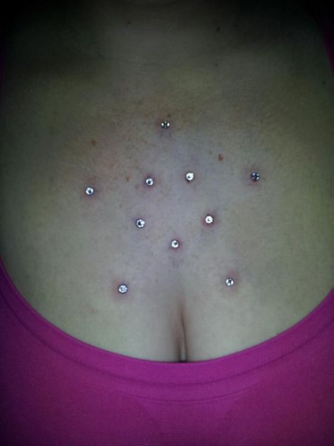 My piercing 10 dermals on my chest in the shape of a star!!! LOVE THEM Dermal Piercing Ideas, Dermal Piercing Chest, Chest Dermal, Back Dermal Piercing, Metal Tattoos, Chest Piercing, Dermal Piercings, Skin Tags, Metal Tattoo