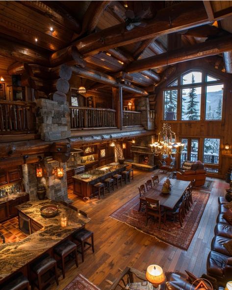 Log Cabin Mansions, Cabin Mansion, Lodge House, Log Home Living, Log Home Interiors, Log Home Designs, Productive Work, Log Cabin Ideas, Kitchen And Dining Area