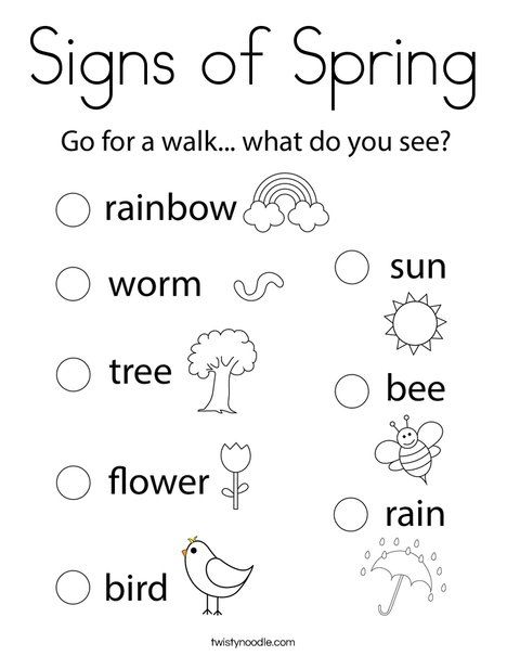 Signs of Spring Coloring Page - Twisty Noodle April Art Activities For Preschool, May Preschool Worksheets, Intro To Spring Preschool, All About Spring Preschool, Spring English Worksheet, Spring Vocabulary Preschool, Spring Worksheets For Kindergarten, Spring For Kindergarten, Spring Lessons For Preschool