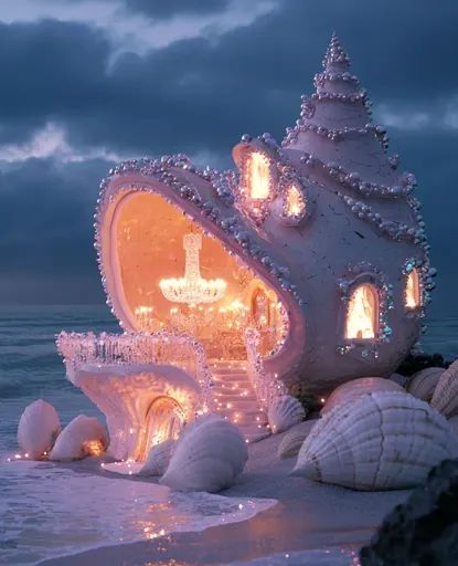 ↑↑↑ Larger size on website 🔸 A whimsical seashell house sits on a sandy beach under a cloudy twilight sky. The house is adorned w Seashell House, Mermaid House, Ocean Things, Grand Chandelier, Shell House, Twilight Sky, Shimmer Lights, House Sitting, House Beach