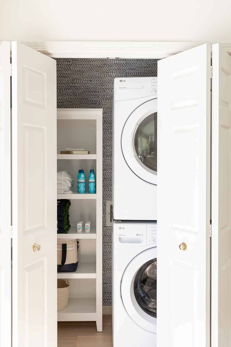 Laundry Closet Ideas, Amazon Wallpaper, Serena And Lily Wallpaper, Laundry Closet Organization, Small Laundry Closet, Laundry Closet Makeover, Stacked Laundry Room, Powder Room Wallpaper, House Before And After