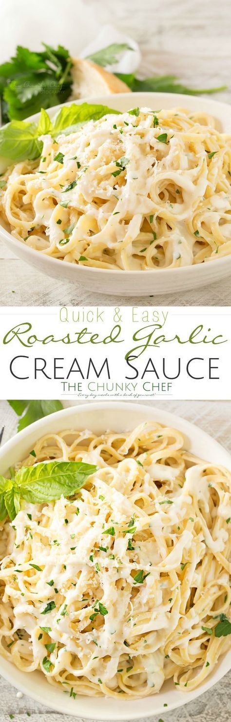 Roasted-Garlic-Cream-Sauce | Just a few ingredients make up this luxuriously creamy roasted garlic cream sauce... perfect for dipping or swirled with your favorite pasta! Roasted Garlic Cream Sauce, Garlic Cream Sauce, Fettuccine Alfredo, Pasta Pasta, Minestrone, Rigatoni, Linguine, Cream Sauce, Roasted Garlic