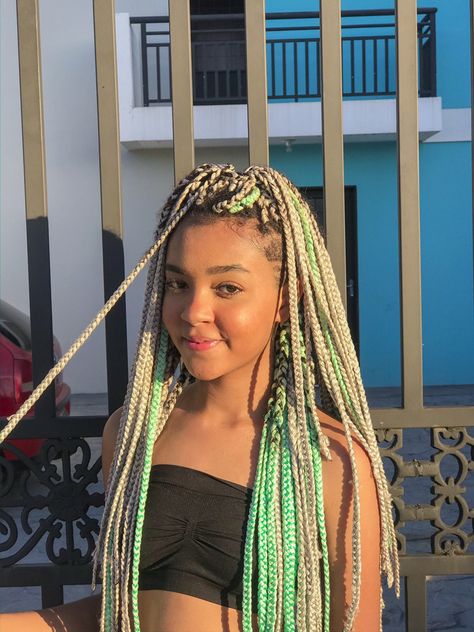 Green And Blonde Braids, Green Braids, Colorful Combinations, Color Braids, Colored Box Braids, Braids Twist, Yarn Braids, Colored Braids, Braided Styles