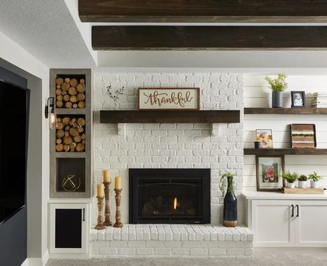 13 Fireplace Accent Wall Ideas for Your Home | Carla Bast Design Blue Bar Cabinets, 90s Basement, Fireplace With Log Storage, Brick Wall Accent, Family Room With Tv, Kid Forts, Fireplace Accent Wall Ideas, Navy Blue Bar, Fireplace Accent Wall