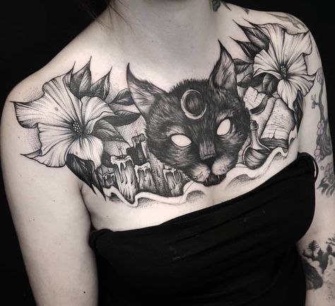 Black Cat Chest Tattoo, Gothic Tattoo Chest, Chest Tattoo Witchy, Spooky Chest Tattoo Female, Cat Chest Tattoo, Gothic Chest Tattoo, Chest Tattoo Designs Female, Ems Tattoos, Chest Ideas