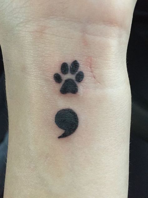 208 Of The Best Cat Tattoo Ideas Ever Dog Paw Tattoo Semicolon, Cat Paw Semicolon Tattoo, Semi-colon Tattoo Dog Paw, Dog Paw Semicolon, Paw Print And Semi Colon Tattoo, Linear Tattoo Ideas, Semi-colon Tattoo Dog, Animal Semicolon Tattoo, Aesthetic Dog Tattoo Ideas