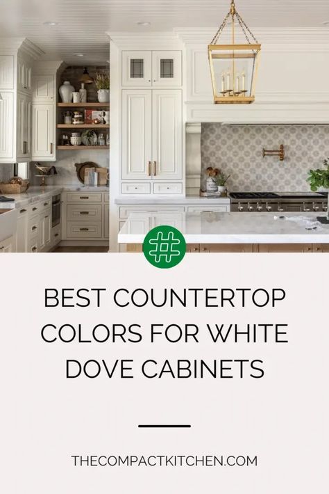 Best Countertop Colors for White Dove Cabinets - The Compact Kitchen Best Quartzite Countertops, White Dove Cabinets Quartz Countertops, Best Quartz For White Cabinets, White Dove Kitchen Cabinets, Kitchen Countertops With White Cabinets, White Dove Cabinets, Cabnits Kitchen, White Kitchen Cabinet Doors, White Subway Tile Shower