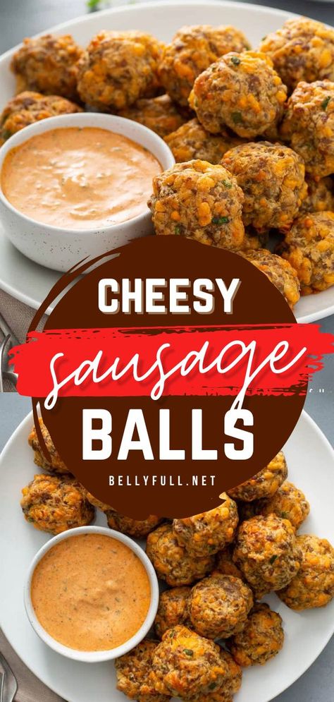 Sausage Balls, game day food ideas, appetizer recipes Sausage Ball Dipping Sauce Recipe, Sausage Ballls, Best Sausage Ball Recipe, Easy Sausage Balls, Game Day Food Ideas, Easy Sausage Balls Recipes, Cheese Ball Dip, Lobster Biscuits, Sausage Cheese Balls